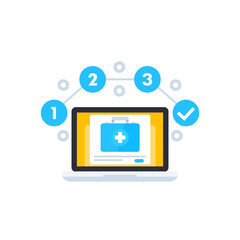 Telemedicine vector icon with first aid kit and laptop