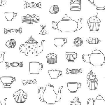 Seamless pattern  with food icons. Tea thime