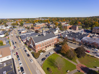 Fototapeta na wymiar Town Hall and Historic building aerial view in Needham, Massachusetts, USA.