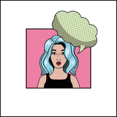 woman with blue hair and speech bubble pop art style