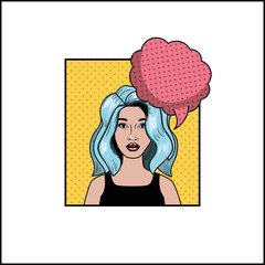 woman with blue hair and speech bubble pop art style