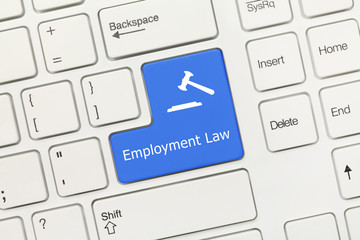 White conceptual keyboard - Employment Law (blue key with gavel symbol)