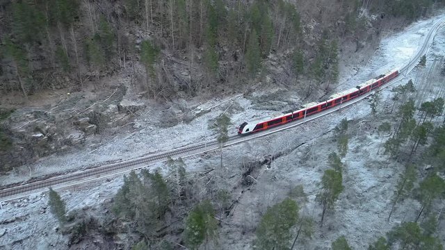 Train Oslo - Bergen in mountains. Hordaland, Norway.