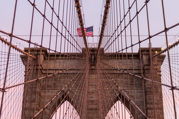 Detail of main suspension cables and suspenders attachment to one of the towers of the Brooklyn...