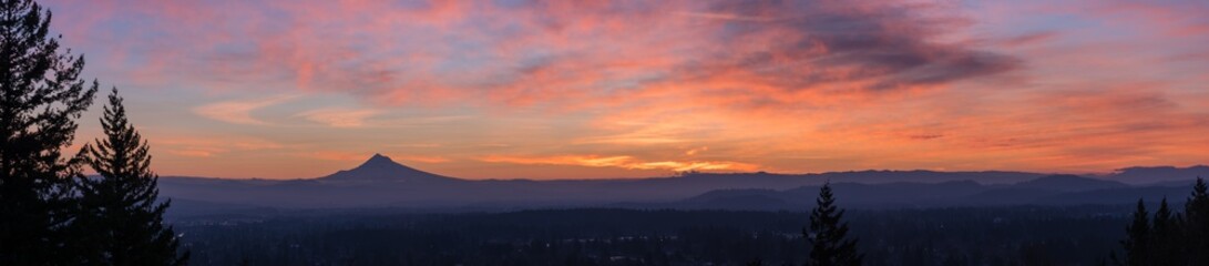 Sunrise pano over East Portland Oregon and Mt Hood