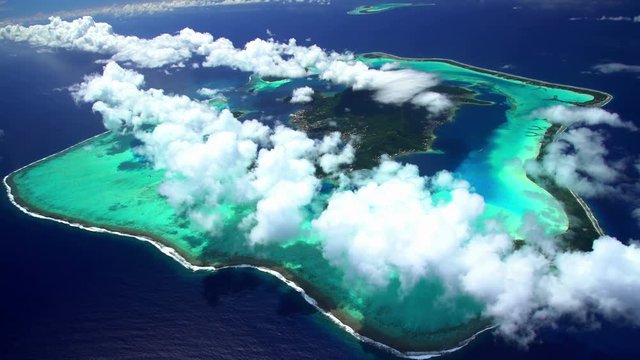 Aerial view of barrier reef on Bora Bora Tupai Heart Island South Pacific 