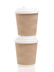 Two paper cups coffee take away on white background isolation