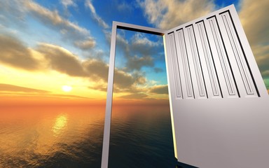 Doors to heaven, seascape at sunset with open doors,
3d rendering
