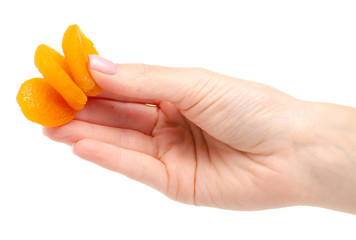 Dried apricots in hand on white background isolation