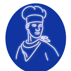 Retro style illustration showing a 1990s glowing neon sign light signage lighting of a chef, baker or cook wearing hat and scarf looking to side on isolated background.