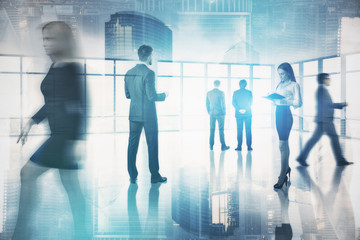 Obraz premium People in empty office, blue city