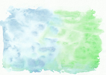 Emerald (jade) and azure mixed watercolor horizontal gradient background. It's useful for greeting cards, valentines, letters. Abstract art style handicraft pattern.