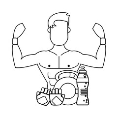 Man flexing muscular arms and gym equipment