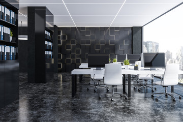 Black panoramic office, two bookcases