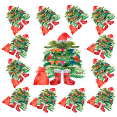Christmas pattern of green Santa Christmas trees with gifts. Watercolor composition for Christmas and New year. Beautiful design for gifts. Perfect for congratulations.