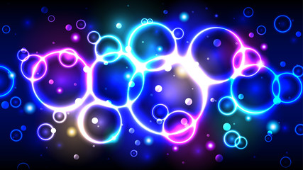 Neon color bright bubbles, abstract multicolor background with circles, sparkles and bokeh
