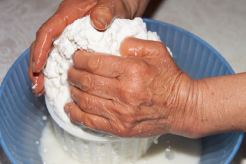 Fototapeta premium preparation of home-made cheese by an elderly housewife