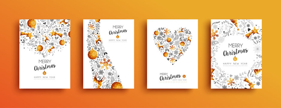 Christmas and New Year gold greeting card set