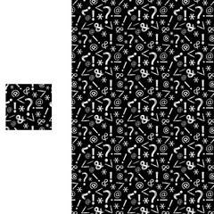 Font character seamles pattern. Question, exclamation mark, star, at, and symbols in random order on black background. Creative vector illustration.