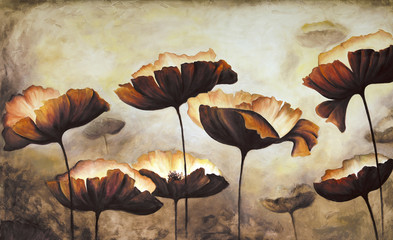 Frame of poppies hand painted on white canvas.
