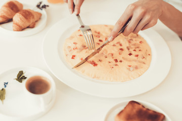 Hands With Knife And Fork. Breakfast Concept.