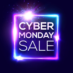 Cyber Monday text inscription in neon style on dark blue background. Square background with abstract lights and sparkles. Discount card for internet online shopping. Colorful sale vector illustration.