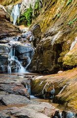 Water cascades over rocks.