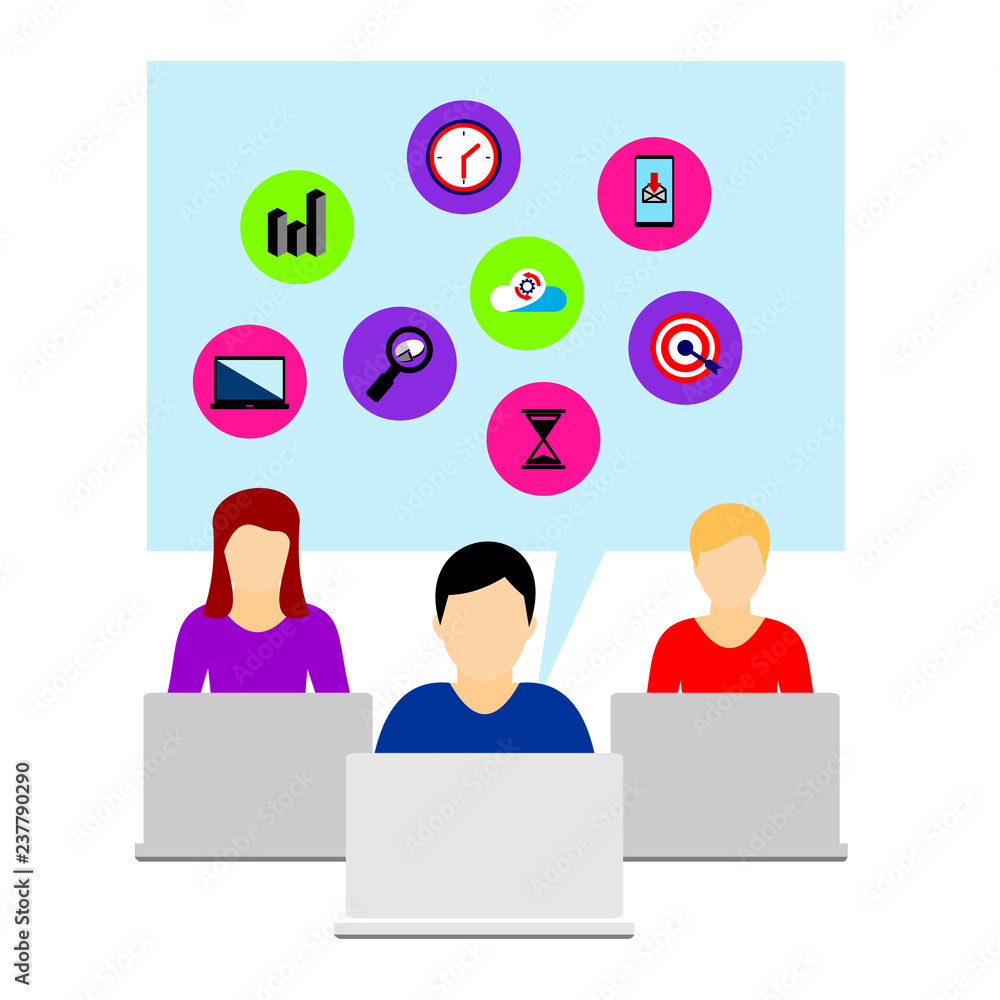 Poster business peoples with notebook and set icons. work team. flat style and modern design. vector graphi