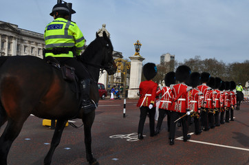 LONDON, ENGLAND - April 07, 2018 - the changing of the guard at Buckingham Palace, London, United...