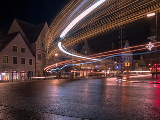 Fototapeta premium Bavarian City Pfaffenhofen at Night with moving vehicles