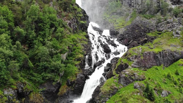 Aerial view. Norwegian landscape. Twin waterfall Latefoss or Latefossen in summertime, Odda Hordaland County in Norway. National tourist Hardanger road 13