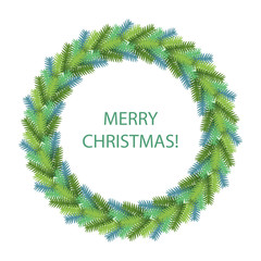 Green Christmas wreath isolated on white. Advent symbol. Merry Christmas! Greeting card winter holidays.