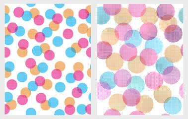 Funny Colorful Abstract Lights Vector Patterns.White Backgrounds.Round Shape Pink, Orange and Blue Lights. Creative Bokeh Effect. Cute Geometric Repeatbale Design.Simple Multicolor Abstract Decoration