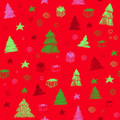 Christmas Tree seamless pattern. Hand drawn vector colored graphic sketch. Cute doodle background