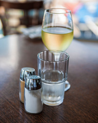 White wine in glass on table