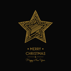 Concept of Christmas greeting card with hand drawn star. Vector.