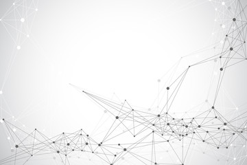 Geometric abstract background with connected line and dots. Network and connection background for your presentation. Graphic polygonal background. Scientific vector illustration.