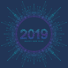 Text design Christmas and Happy new year 2019. Graphic background communication. Connected lines with dots. Design element for presentations, postcards, flyers, leaflets and posters, illustration