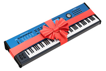 Fototapeta premium Synthesizer with bow and ribbon, gift concept. 3D rendering