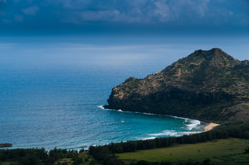 Fototapeta premium Aerial view overlooking the tropical island of Kauai and the Pacific Ocean, Hawaii, USA