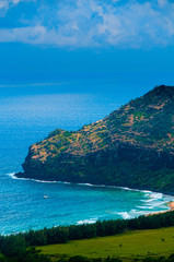 Aerial view overlooking the tropical island of Kauai and the Pacific Ocean, Hawaii.