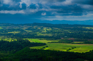 Fototapeta na wymiar Aerial view overlooking a tropical valley on the island of Kauai, Hawaii, USA