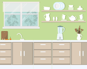Kitchen interior in a green color. There is a blender, a kettle, plates, cups and other kitchen tools on a window background. There are also vegetables and a cutting board here. Vector illustration