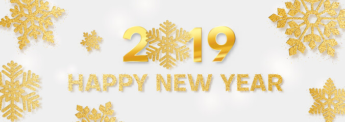 Happy New Year 2019 festive banner with golden shiny snowflakes.