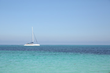 Fototapeta premium white yacht in blue sea on blue sky background without clouds. Summer concept background - Sea or Ocean Beach. With copy space for text or image. Wallpaper, postcard