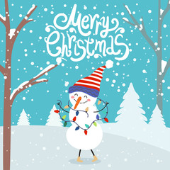 Merry Christmas and Happy New Year winter holidays greeting card with snowman. Vector illustration
