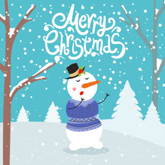 Merry Christmas and Happy New Year winter holidays greeting card with snowman. Vector illustration