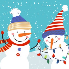 Merry Christmas and Happy New Year winter holidays greeting card with snowmans. Vector illustration