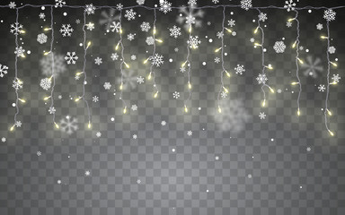 Naklejka na ściany i meble Christmas snow. Falling white snowflakes on dark background. Xmas Color garland, festive decorations. Glowing christmas lights. Vector snowfall, snowflakes flying in winter air