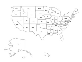Political map of United States od America, USA. Simple flat black outline vector map with black state name labels on white background.